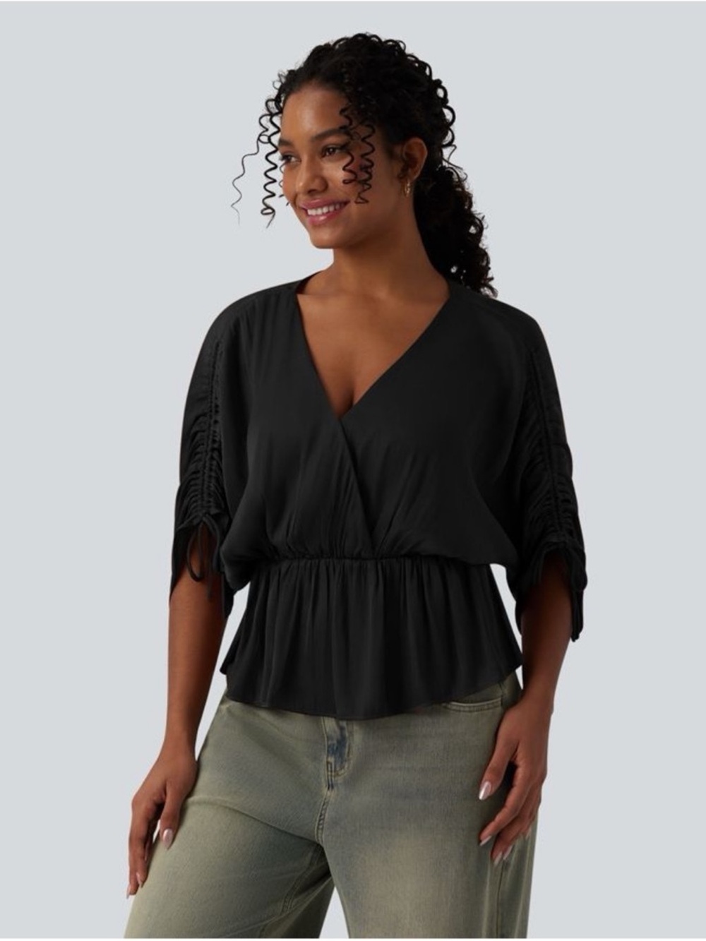 NWT Halara V neck Drawstring Batwing Sleeve Casual Blouse